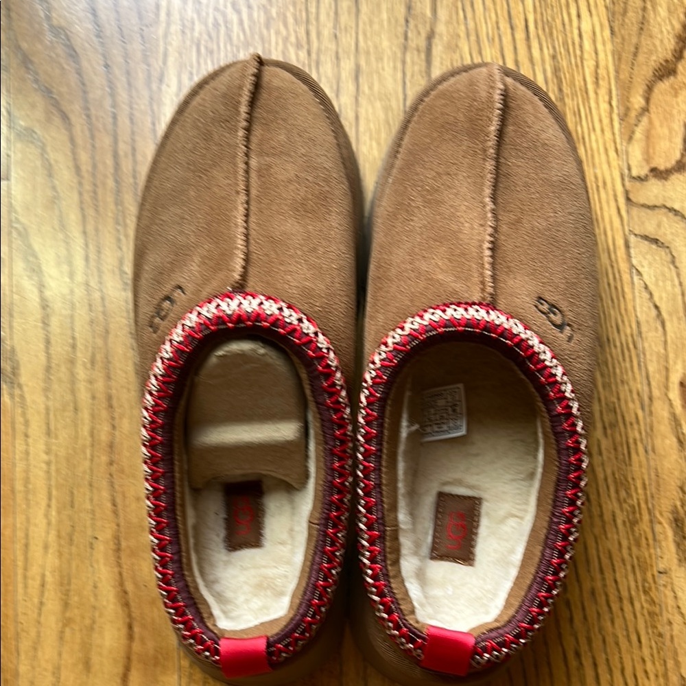 UGG Tan Slippers with Red Accents